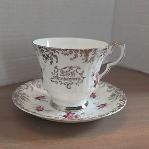 Royal Albert 25th Anniversary teacup and saucer set in white bone china